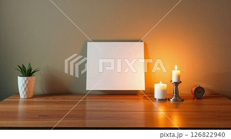 Art photo of desk with paper. Candlelight warms the wood, smooth texture. Art photo of desk with paper. Candlelight warms the wood, smooth texture. 126822940