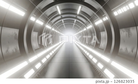 Futuristic tunnel corridor with bright light at the end illuminated by white LED strips and metallic walls 126823035