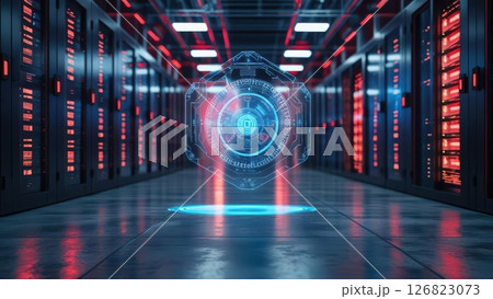 Futuristic data server room with glowing digital hologram protected by a digital shield in a high technology environment 126823073