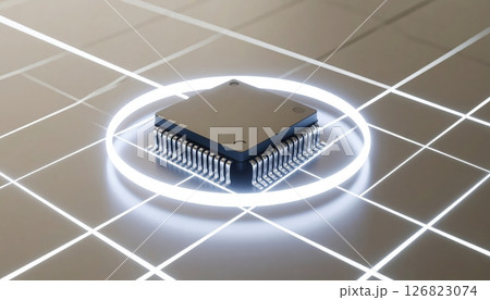 Close-up of a microchip processor with glowing circular highlight on a modern grid surface for technology innovation 126823074