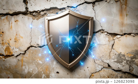 Shield emblem with lightning effect on cracked wall protecting against digital threats and cyber attacks 126823098