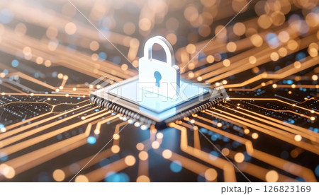 Close-up of a lock icon on a microchip with digital glowing circuits representing cybersecurity and data protection 126823169