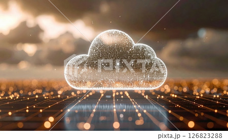 Digital cloud icon glowing over futuristic digital landscape with glowing data points and city skyline at sunset 126823288