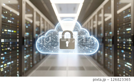 Modern cloud security technology concept with a lock symbol inside a glowing cloud over data center servers 126823365