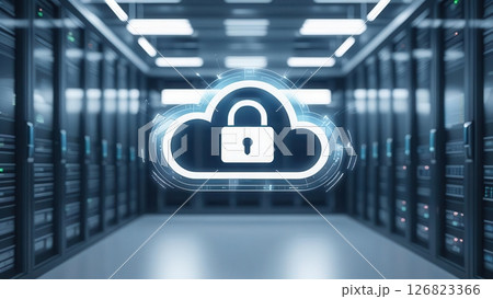 Modern cloud data security icon on a futuristic server room with digital security technology 126823366