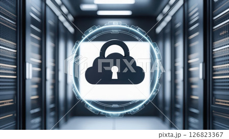 Modern data center with digital cloud security overlay symbolizing cyber security and data protection 126823367