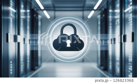Modern security cloud lock digital lock system with secure shield icon in futuristic server room environment Modern security cloud lock digital lock system with secure shield icon in futuristic server room environment 126823368