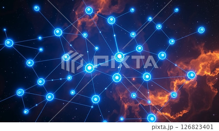 Overhead blockchain with blue nodes and nebula background. 126823401