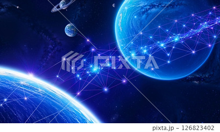 Top-down sci-fi blockchain with swirling blue-purple nebula. 126823402