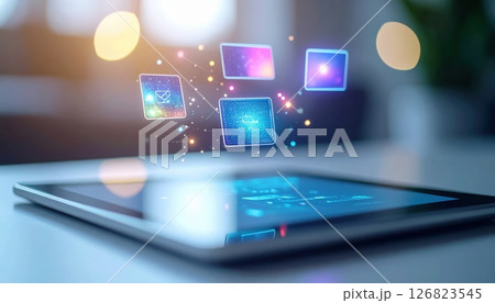 A tablet displays colorful interface icons connected by glowing dots above its screen in soft studio lighting. 126823545
