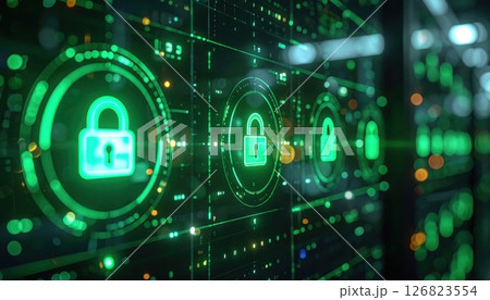 Digital network security with green glowing padlock symbols protecting data on a modern server system rack. 126823554