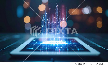 Digital tablet displays abstract data streams and connections representing modern technology concepts today. 126823616