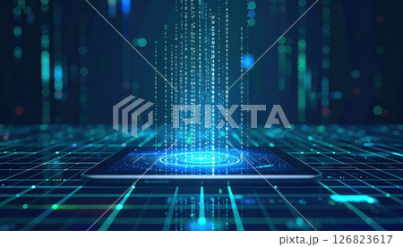 Digital stream of data flowing onto a tablet screen with glowing lines and grid in blue futuristic design. Digital stream of data flowing onto a tablet screen with glowing lines and grid in blue futuristic design. 126823617