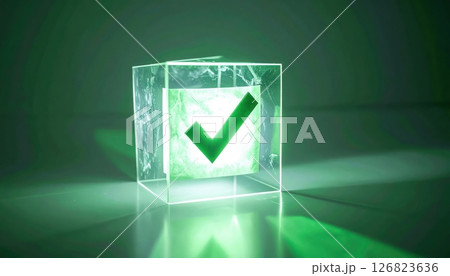 A glowing green check mark is displayed inside of a translucent cube with soft shadows in a dark room. A glowing green check mark is displayed inside of a translucent cube with soft shadows in a dark room. 126823636