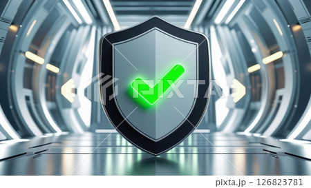 Futuristic secure digital security shield with green checkmark in high-tech environment background 126823781