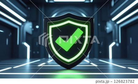 Modern digital security shield with green checkmark on futuristic glowing technology background 126823782