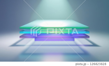 Modern illuminated glass shelves arranged in a staggered formation with colorful glow lighting effect 126823828