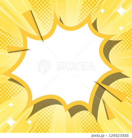 ハーフトン柄入りのサンバーストとトゲトゲのフレーム背景、集中線とキラキラのデコレーション 126823888