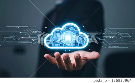 Modern technology concept with cloud computing and digital data transfer in a futuristic environment 126823964