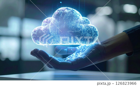 Futuristic digital cloud hologram projection emerging from a human hand in a high-tech environment 126823966