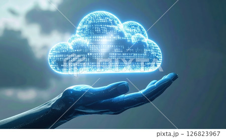 Digital Cloud Computing Technology Concept with Hand Holding a Virtual Cloud Icon in Futuristic Style 126823967