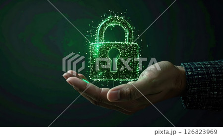 Digital Security and Data Privacy Concept with Green Lock Encryption Icon Hove Over Hand 126823969