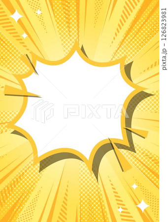 ハーフトン柄入りのサンバーストとトゲトゲのフレーム背景、集中線とキラキラのデコレーション 126823981