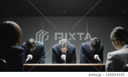 謝罪記者会見で頭を下げるスーツのビジネスマン。マスコミ対応する経営者 126824181