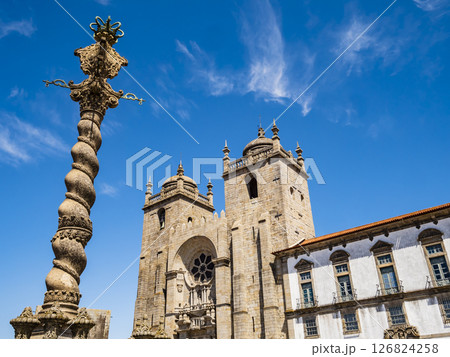 Stunning view of city pillory and facade of the Porto Cathedral, Portugal Stunning view of city pillory and facade of the Porto Cathedral, Portugal 126824258