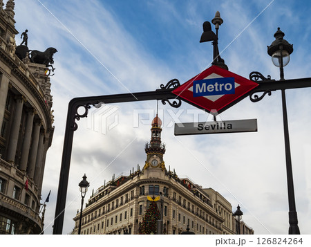 Impressive view of Sevilla metro station sign in the historic center of Madrid, Spain Impressive view of Sevilla metro station sign in the historic center of Madrid, Spain 126824264