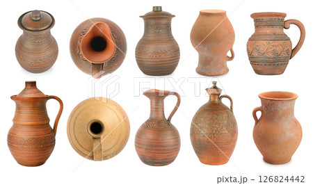 Collection of clay jugs and vases of different shapes isolated on white 126824442