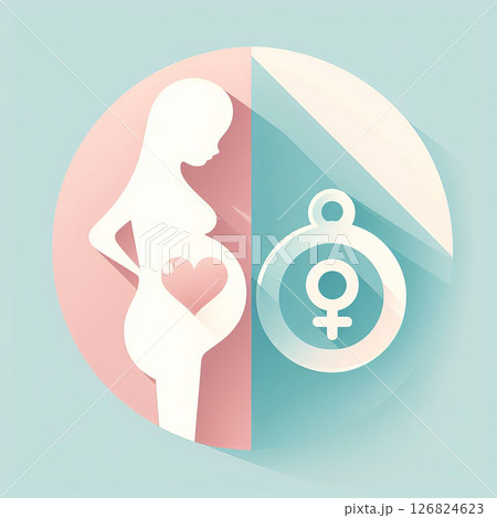 Illustration of pregnant woman with heart symbol and female icon, representing motherhood and femininity. 126824623