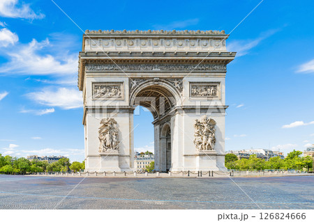 Arc de Triomphe in Paris on a sunny day, front view 126824666