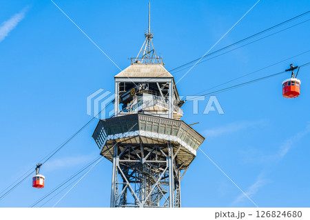 Port Vell cable car tower with red cabins in Barcelona, Spain 126824680