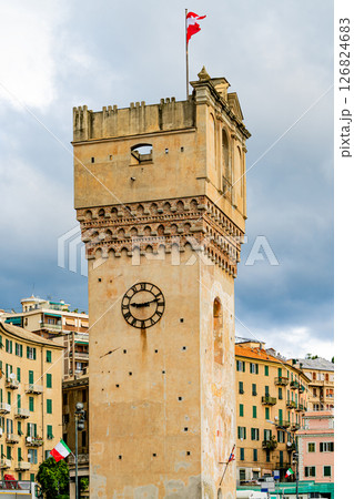 Torre Leon Pancaldo in Savona, Italy. Historic Clock Tower by the Sea 126824683