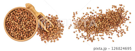 Raw buckwheat in wooden bowl isolated on white background. Top view. Flat lay 126824695