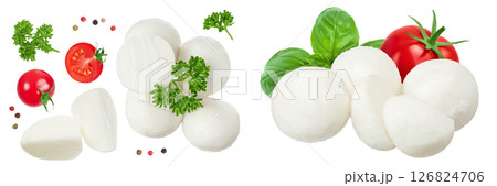 Mini mozzarella balls with parsley leaf isolated on white background. Top view. Flat lay. 126824706