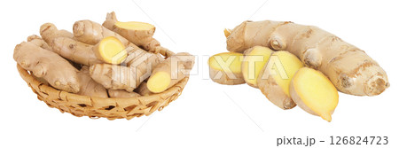 Fresh Ginger root and slices in a wicker basket isolated on white background Fresh Ginger root and slices in a wicker basket isolated on white background 126824723