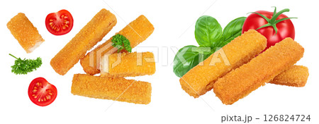 Fish finger or stick with parsley isolated on white background. Top view. Flat lay. Fish finger or stick with parsley isolated on white background. Top view. Flat lay. 126824724