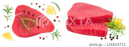Fresh tuna fish fillet steak with rosemary, lemon and peppercorns isolated on white background. Top view. Flat lay 126824731