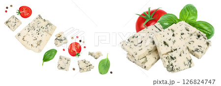 diced Blue cheese isolated on white background with full depth of field. Top view. Flat lay. 126824747