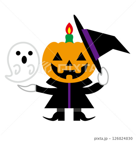 ハロウィンのジャックオーランタン(魔女姿)とお化け ハロウィンイメージイラスト ハロウィンのジャックオーランタン(魔女姿)とお化け ハロウィンイメージイラスト 126824830