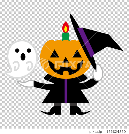 ハロウィンのジャックオーランタン(魔女姿)とお化け ハロウィンイメージイラスト ハロウィンのジャックオーランタン(魔女姿)とお化け ハロウィンイメージイラスト 126824830
