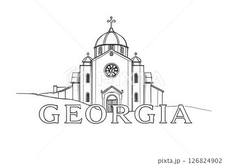 Minimalist line art illustration of a traditional Georgian church sketch with Georgia text below 126824902