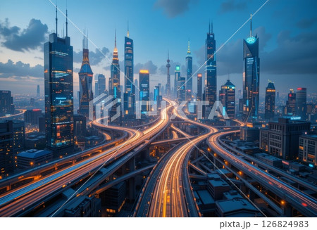 Futuristic Cityscape at Twilight with Busy Highways and Illuminated Skyline. Futuristic Cityscape at Twilight with Busy Highways and Illuminated Skyline. 126824983