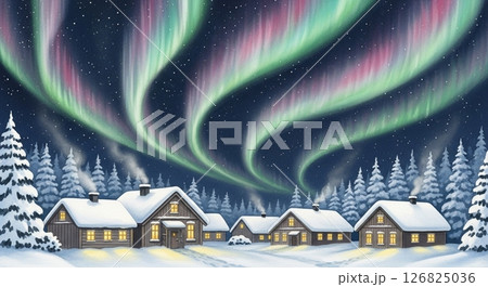 オーロラ輝く北欧の雪景色の町並み 126825036