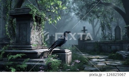 Omen in the Mist Raven Watching in Graves.のイラスト素材 [126825067] - PIXTA