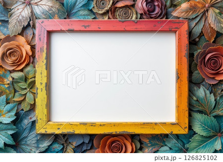 Wooden Photo Frame, Flowers Texture Background. 126825102