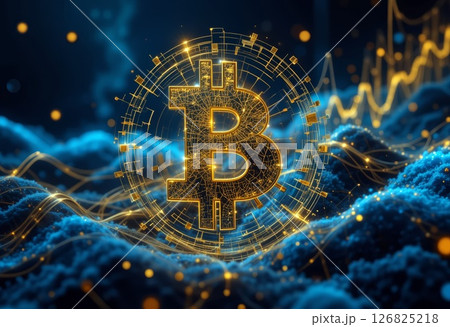 Golden Bitcoin Cryptocurrency Symbol in Digital Financial Environment. 126825218