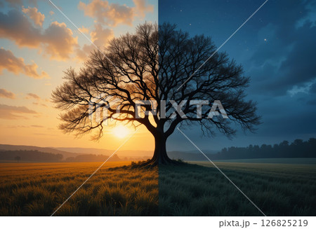 Majestic Tree in a Field at Sunset to Night Transition. 126825219